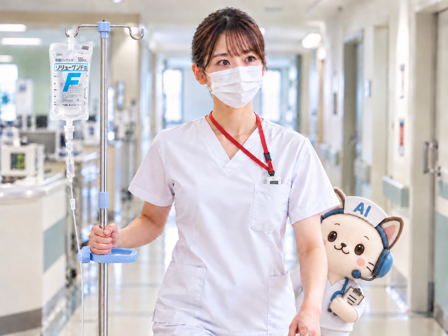 まとめ髪とマスクの若手看護師が、赤いストラップのPHSを左胸ポケットに収めて点滴スタンドを押す姿。腕の後ろから3Dのマイプリ猫が顔をのぞかせて見守っている。