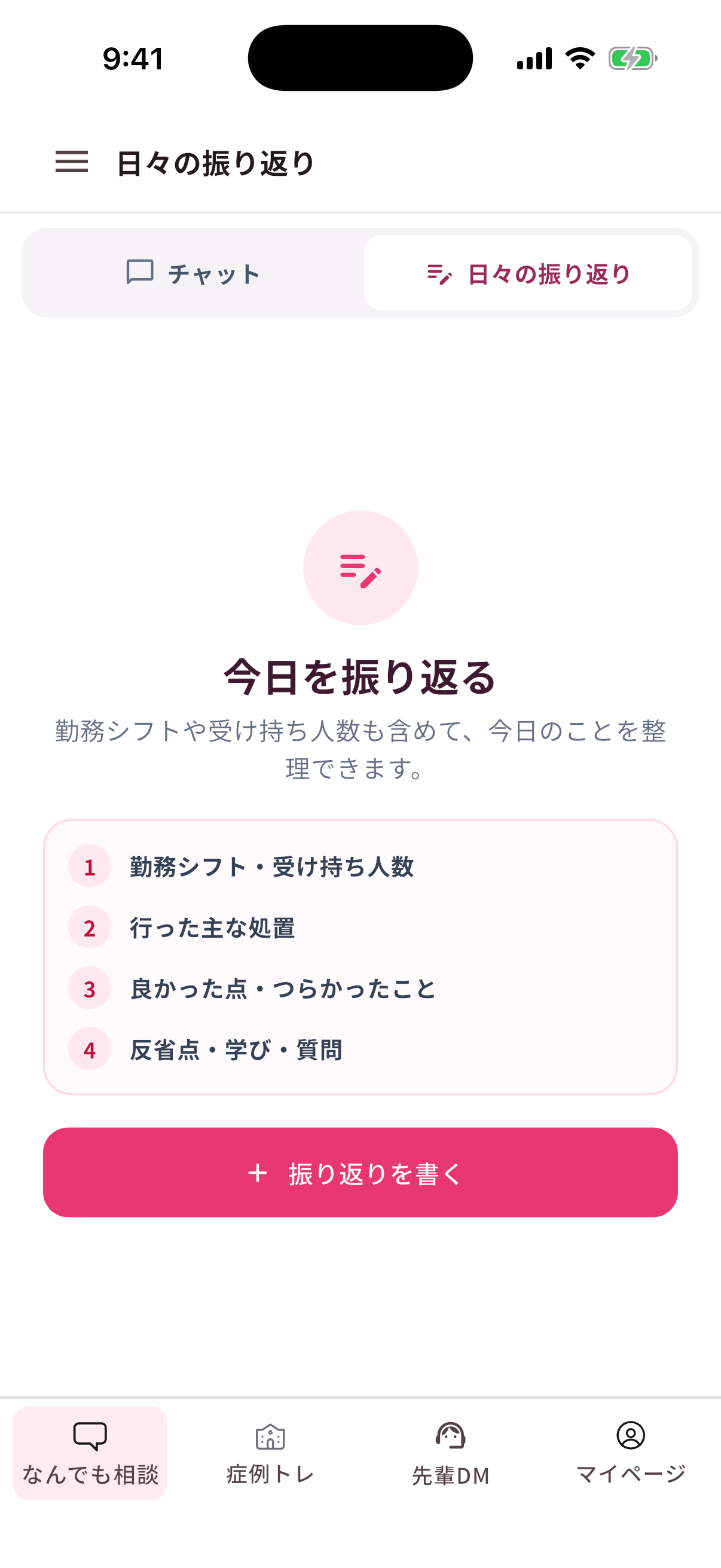 日々の振り返りの画面。振り返りを始める入口の画面です。