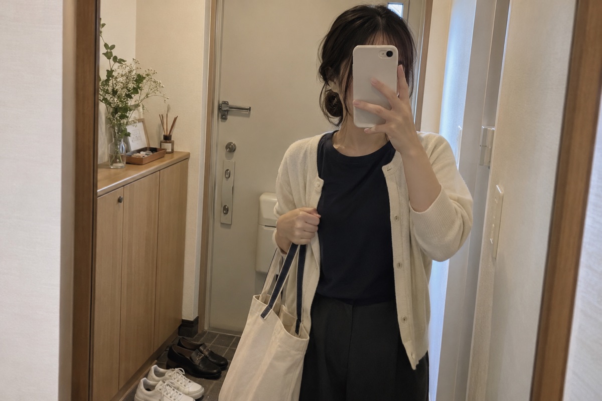 スマホで顔を隠して鏡越しに撮影する女性のイメージ写真