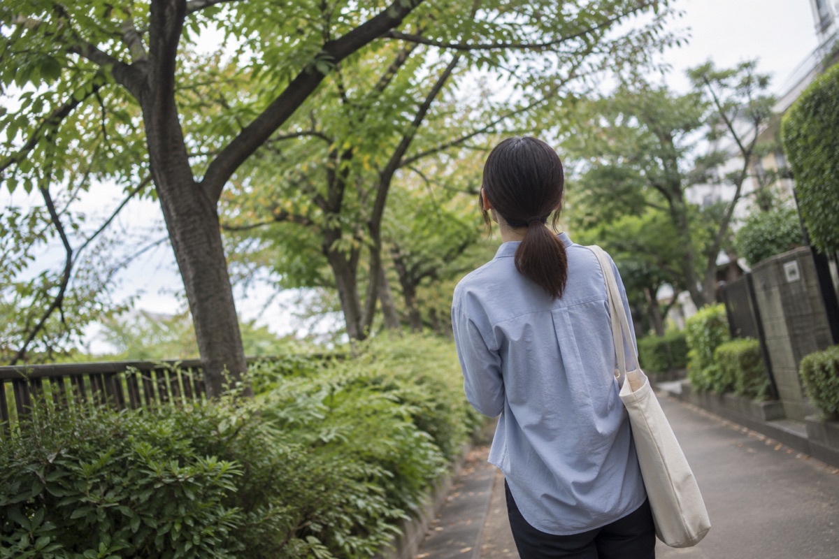木々のある道を歩く女性の後ろ姿のイメージ写真