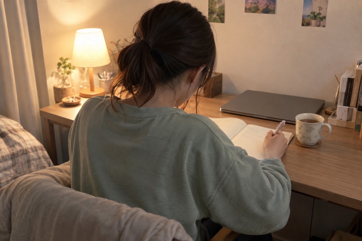 家の机でノートに振り返りを書く女性の後ろ姿のイメージ写真